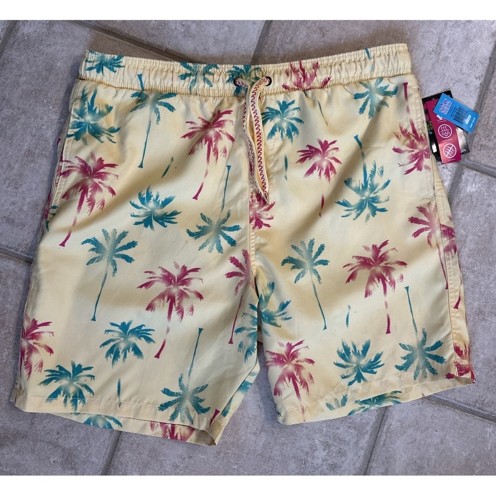Surf Society Swim Trunks |‎ Men's XL | Yellow Palm Print | Retro Tropical Beach
